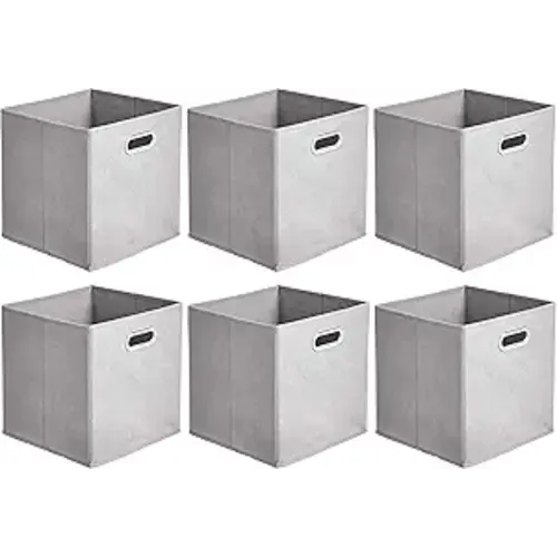 Amazon Basics Collapsible Cube Storage Bins, Space-Saving, Organizing Fabric Bins with Handles, 10.5 x 10.5 x 11 inches, Light Grey, 6-Pack