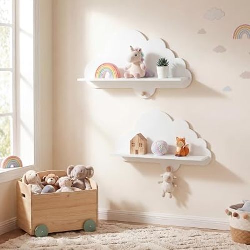 GLACER Cloud Shelves, Wood Wall Nursery Book Shelves Set of 2 | 24 Inch Kids Floating Shelves with Hooks, Space-Saving Corner Storage for Nursery Bedroom Playroom, Easy to Clean