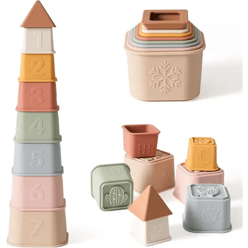 Baby Stacking Cups Toy, Silicone Stacking Tower, Silicone Soft Teething Toy Educational Baby Toys, Baby Building Toys Blocks, 6 Months+, 8 Pcs Set-Gentle