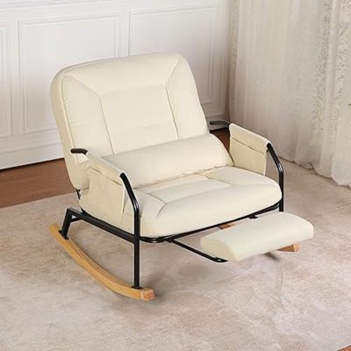 Oversized Rocking Chair, Extra-Wide Glider Patio Rocker Chairs with Foot Rest, Padded Cushion, Adjustable Backrest, Mental Wooden Farm, Indoor/Outdoor Living Room Bedroom Balcony Porch, Beige