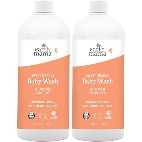 Earth Mama Sweet Orange Baby Wash Liquid Hand Soap Refill, Organic Body Wash for Sensitive Skin, All Purpose Castile Soap Liquid with Coconut Oil, Shea Butter, Calendula & Aloe, 34 fl oz (2-Pack)