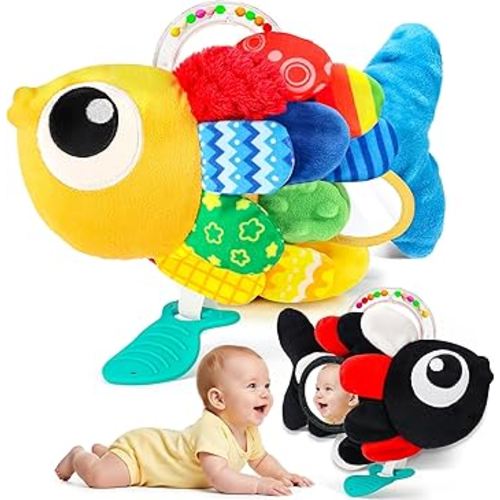 Baby Sensory Tummy Time Toys for 0-3 Months, 3-6, 6-12 Months Baby Sensory Toys Fun Entertaining Fish Toy with Mirror Crinkle Rattle for Baby Boy Girl Shower Gifts