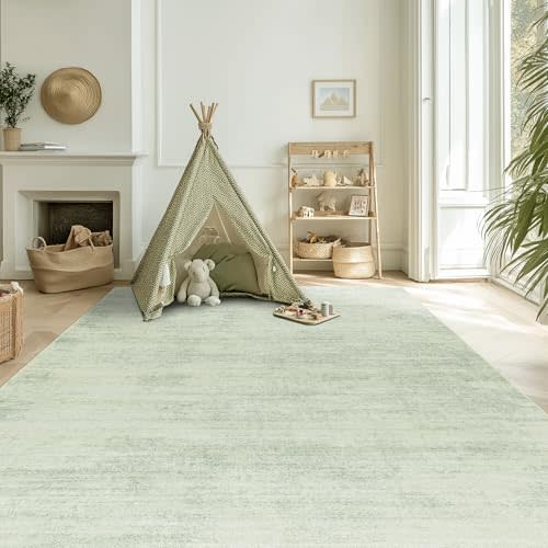 BILEEHOME Light Green Area Rugs for Nursery Boho Washable Low Pile Rug 6x9 | Sage and Ivory Cream, for Bedroom Baby Girl Boy, Livingroom, Neutral Farmhouse Style, with Non Slip, Rubber Backing Foldable