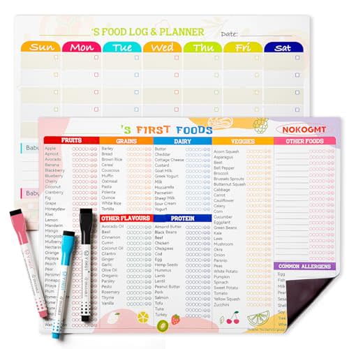 101 Foods Before 1 Checklist Magnet – Baby Food Chart & First Foods Fridge Magnet – Baby First Foods Tracker with Weekly Meal Planner – Dry Erase Baby Food Tracker Fridge Magnet with 3 Markers