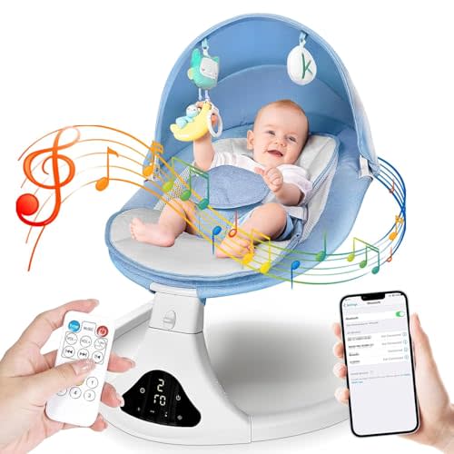 Smart Bluetooth Baby Rocker with Remote Control - 5 Speed Gentle Sway & 3 Position | Portable Infant Swing with Machine-Washable Seat (0-12M, 6-20lbs)