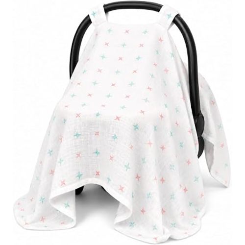 Baby Car Seat Cover Girl Boy, 100% Muslin Cotton Canopy (Star)
