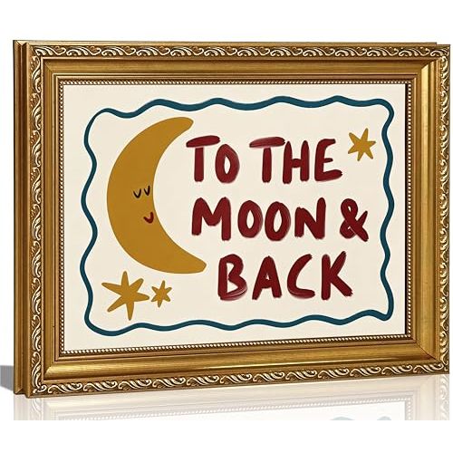 FKRYTYB Cute Whimsical Moon & Star Wall Art, Ornate Gold Framed Nursery Decor, To the Moon & Back Art Print, Ready to Hang Boho Quote for Gender Neutral Baby Room, 11x9