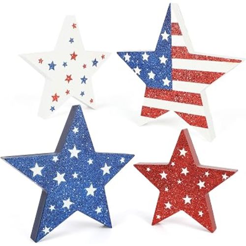 COCHIE 4th of July Decorations Wooden Star Set of 4, Labor Day Decor, Patriotic Memorial Day Tiered Tray Decor, Red White and Blue Veterans Day Decorations for Home Office Table Shelf (Shinny)