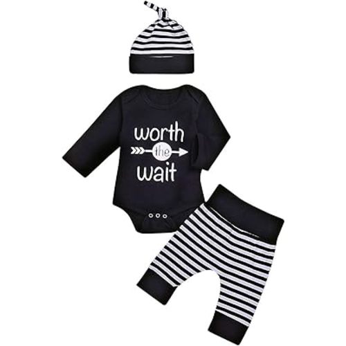 Baby Unisex Worth The Wait Arrow Printed Romper Striped Pant Hat Outfit Clothes (Black, Newborn)