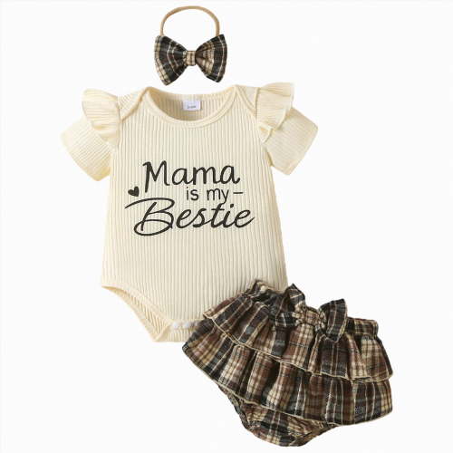 CAICJ98 Bestie Baby Clothes Girl Newborn Short Sleeve Romper Plaid Skirt Shorts Headband 3Pcs Set Infant Girls Summer Outfit (Beige,0-3 Months)