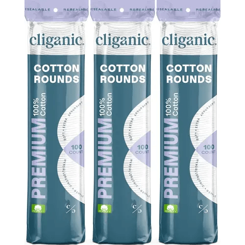 Cliganic Premium Cotton Rounds for Face (300 Count) - Makeup Remover Pads, Hypoallergenic, Lint-Free | 100% Pure Cotton