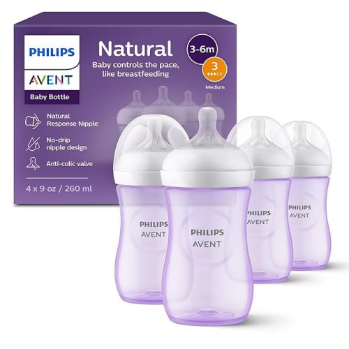 Philips Avent Natural Baby Bottles with Natural Response Nipples (Fast Flow, Flow 4), 11oz, 2-Pack, SCY906/02