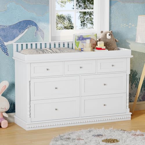 Timechee 56.5" Baby Dresser with Removable Changing Table Top, Large White Dresser for Nursery with 7 Storage Drawers, Baby Changing Table, Modern Diaper Nursery Dressers Station for Kids Bedroom