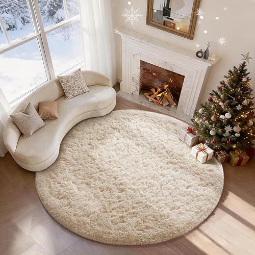Ophanie Round Rugs 5Ft Ivory Circle Area Rug, Nursery Room Decor, Christmas Aesthetic Bedroom Home Circular Carpet 5 Foot, Fluffy Fuzzy Shag Plush Cream Living Room Rugs for Kids Boys Girls Teen Baby