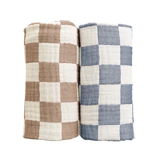 Ultra Soft Checkered Muslin Baby Blanket Pack of 2 Cotton Swaddles Bed Blankets for Babies and Toddlers Boys Newborn 42 x 42 inches (Blue and Coffee)