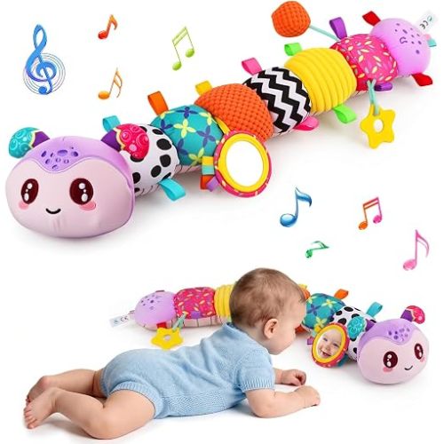 Musical Caterpillar Baby Toys for 0-6 6-12 Months, Multi-Functional Sensory Tummy Time Toys with Mirror Rattle Crinkle, Developmental Stuffed Animal Toy for Newborn Boys Girls Shower Gifts (Purple)
