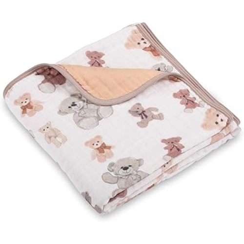 LollyBanks Muslin Baby Quilt, 100% Cotton Baby Blanket for Boys and Girls, Large 47 x 47 Inches, 6-Layer Soft and Breathable Infant Blanket, Cozy Nursery Blankets, Registry (Teddy Bear Print)