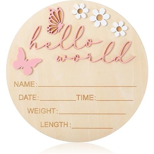 Hello World Newborn Sign, 5.9 Inch Wooden Baby Announcement Sign Pink Butterfly Style Birth Welcome Board for Newborn Boys Girls Photo Props Baby Shower Hospital Nursery (Pink)