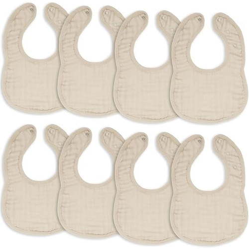 Comfy Cubs Muslin Cotton Baby Bibs, 8 Pack, Adjustable with Easy Snaps, Soft & Absorbent, Sand
