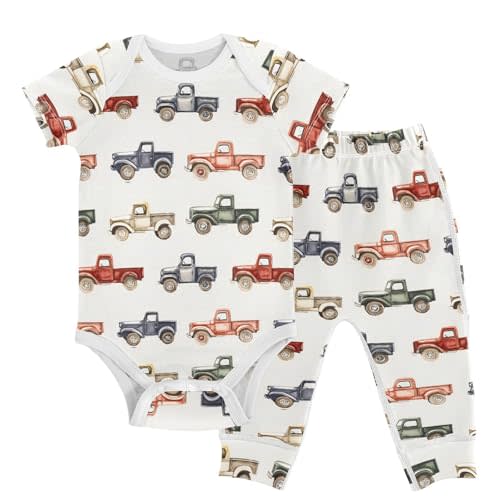vvfelixl Baby Clothes Vintage Trucks Jeeps Baby Bodysuits Set Unisex Short Sleeve Babys Pants Sets 0-3M