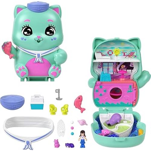 Polly Pocket Dolls and Playset, Set Sail Kitty Compact, Travel Toy with 1 Micro Doll, Pet Cats, Food & Fashion Styling Accessories