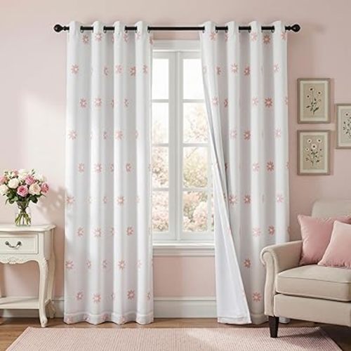 MYSKY HOME Pink Floral Blackout Curtains for Living Room 84 Inches Long Light Blocking Curtain for Girls Bedroom 2 Panels Grommet 100% Room Darkening Window Drapes with Daisy Flower Sheer, 52 Wide