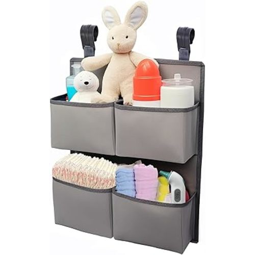 Hanging Diaper Organizer for Crib/Playpen/Bassinet – Hold 80+ Diapers - 4 Deep Pockets-H19in x L15 in Changing Table Diaper Holder - Hanging Diaper Stacker Nursery Caddy Organizer - Grey