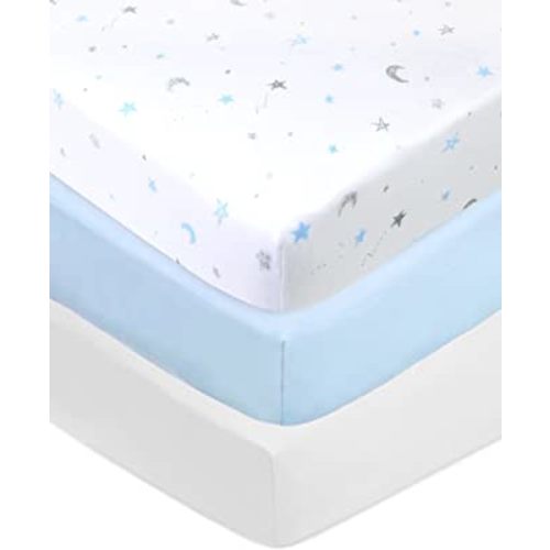 American Baby Company 3 Pack 100% Natural Cotton Fitted Crib Sheets 52" x 28" - Soft, Breathable, Hypoallergenic & Gentle Toddler Bed Sheets, Blue Stars/Blue/White, Neutral for Boys & Girls