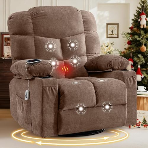 MAHOMICO Swivel Rocker Recliner Chair with Vibration Massage and Heat for Living Room,with Rocking Function and Side Pocket, USB Charge Port,2 Cup Holders