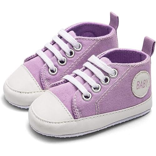 Infant Baby Boys Girls High Top Sneaker Soft Anti-Slip Sole Newborn First Walkers Canvas Denim Shoes Tennis Shoes. (Purple, 0-3Months)