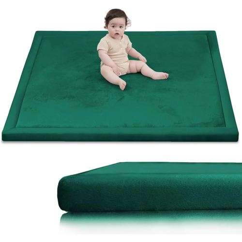 Huloo Sleep Baby Play Mat for Floor,1.3" Thick Elasti-Foam 50x50 Playpen Mats for Toddlers Infant Kids,Water-Repellent Soft Coral Velvet Tummy Time,Non Slip Crawling Rug,Tatami Mats(Dark Green)