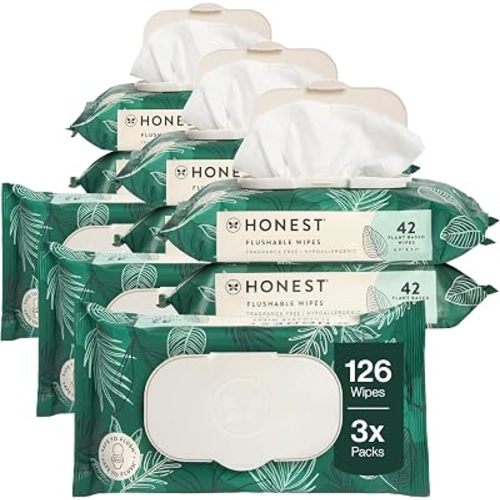 The Honest Company Hypoallergenic Flushable Wipes for Sensitive Skin, Tropical Leaves, 126 Count (Pack of 3)