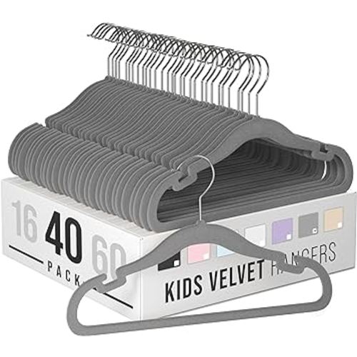 Velvet Baby Hangers for Clothes - Heavy Duty Non Slip Velvet Kids Hangers Or Toddler Hangers for Closet | Ultra Thin Design Kid Hangers for Space Saving - Ganchos De Ropa para Bebe (40 Pack Grey)