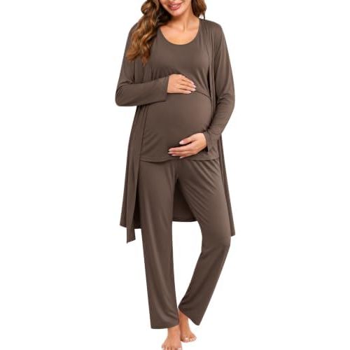 SWOMOG Maternity Nursing Robe Set 3 PCS Women Postpartum Pajamas Breastfeeding Labor Delivery Hospital Pregnancy Pjs
