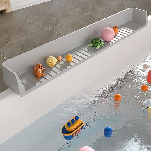 Longer Bathtub Splash Guard for Tub Kids, Play Shelf for Bathing, Toy Tray Caddy Holder for Tub, Silicone Tub Splash Guard Prevent Water Spills in Bathroom (2.6FT, Grey)