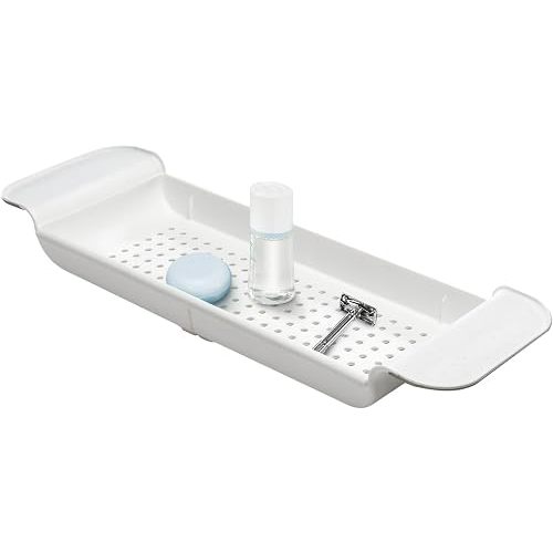 madesmart Expandable Bath Shelf, Adjustable Bathtub Tray for Bath-Night, Holds Glasses, Soaps, Toys & Bath Essentials, Non-Slip Grip, Fits Most Tubs, White