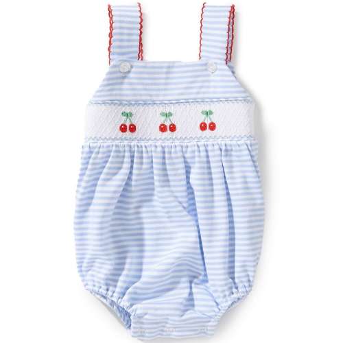 Edgehill Collection Baby Girls Sleeveless Smocked Cherry Embroidery Stripe Bubble Romper