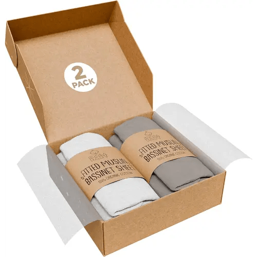 Bassinet Fitted Sheets - Compatible with Delta Children and Simmons Kids Bassinet | 100% Organic Muslin Cotton - White + Grey | 30x16 (2 Pack)