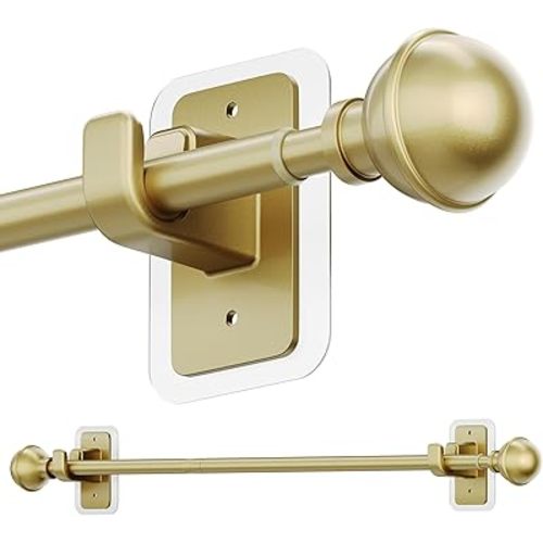 ENJOYBASICS No Drill Curtain Rods for Window 28 to 47 Inches, 5/8 Inch Diameter Renter Friendly Drapery Rod with Adhesive Brackets without Drilling, Adjustable from 27 to 52 Inches, Gold