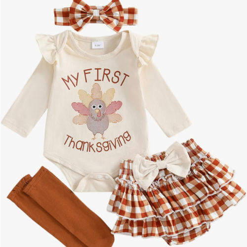 Amazon.com: MoZiKQin My First Thanksgiving Baby Girl Outfit Turkey Romper Ruffle Layered Shorts Headband Socks Cute Fall Clothes