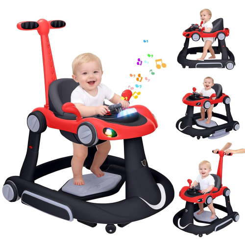 5 in 1 Baby Walker for Boys Girls,Foldable,Music,Jumper,Rocking,Push W/ 3 Height Adjustable for Infant 6-18 Months,Red