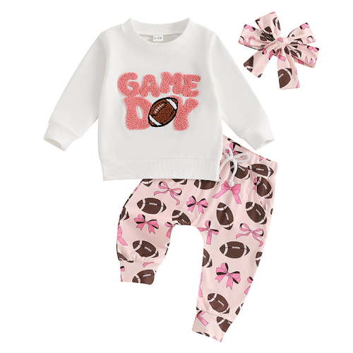 UFOUND Toddler Baby Boy Football Outfit Game Day Embroidery Crewneck Sweatshirt Tops Football Pants Set Fall Winter Clothes Rugby Embroidered Long Sleeve Tops + Long Pants Headband 3 Piece Soft