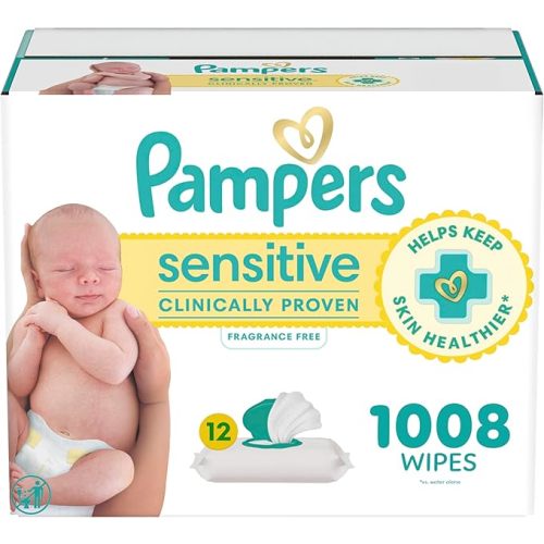 Pampers Baby Wipes, Sensitive, Water Based Wipe, Clinically Proven, Hypoallergenic, and Unscented for Babies, 1008 Wipes Total (12 Flip-Top Packs) [Packaging May Vary]