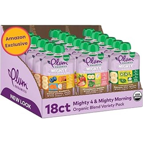 Plum Organics Variety Pack, 12+ Months – Toddler’s Taste Adventure & Sunrise Pack – Mighty 4 & Mighty Morning Organic Fruit & Veggie Pouches – 4 oz Pouch, Pack of 18 (Amazon Exclusive)
