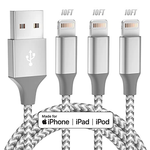 iPhone Charger 3 Pack 10FT MFi Lightning Cable (Grey White) | MFi Certified Fast Charging & High-Speed Data Sync, Compatible iPhone 14/13/12/11 Pro Max/XS MAX/XR/XS/X/8/7/Plus/6S