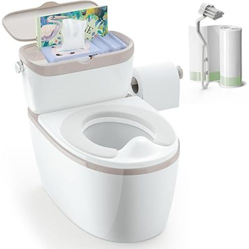 3-in-1 Toddler Potty Training Toilet with Flushing Sound, Wipes Storage & Toilet Paper Holder, Realistic Potty Chair with Detachable Seat and Easy-Clean Design for Boys & Girls Ages 18+ Months (Brown)