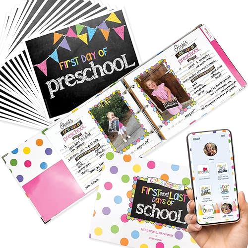 Class Keeper Memory Book with First and Last Day of School Photo Signs, Pastel Dots Scrapbook Album and Pennant Flags Photo Props, Class Keeper Mobile App
