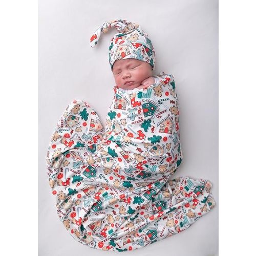 Newborn Baby Girl Receiving Blanket Swaddle Blanket Stretchy Knit Swaddle Set with Matching Beanie (Green Cartoon Christmas)