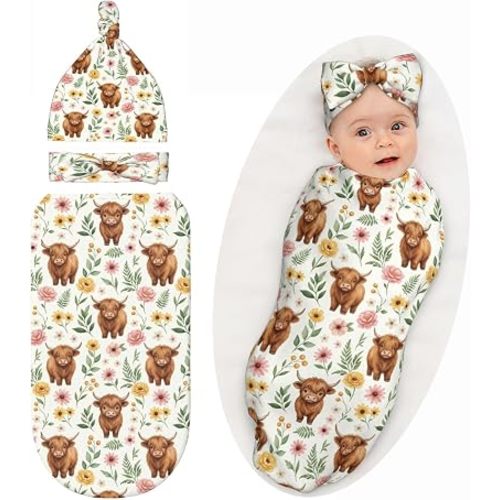 Highland Cow Baby Swaddle Blanket with Headband and Beanie Set, Receiving Blanket, Newborn Infant Highland Baby Clothes Outfits Stuff