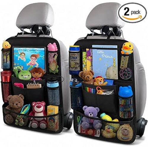 ULEEKA Car Backseat Organizer with 10" Table Holder, 9 Storage Pockets Seat Back Protectors Kick Mats for Kids Toddlers, Travel Accessories, 2 Pack